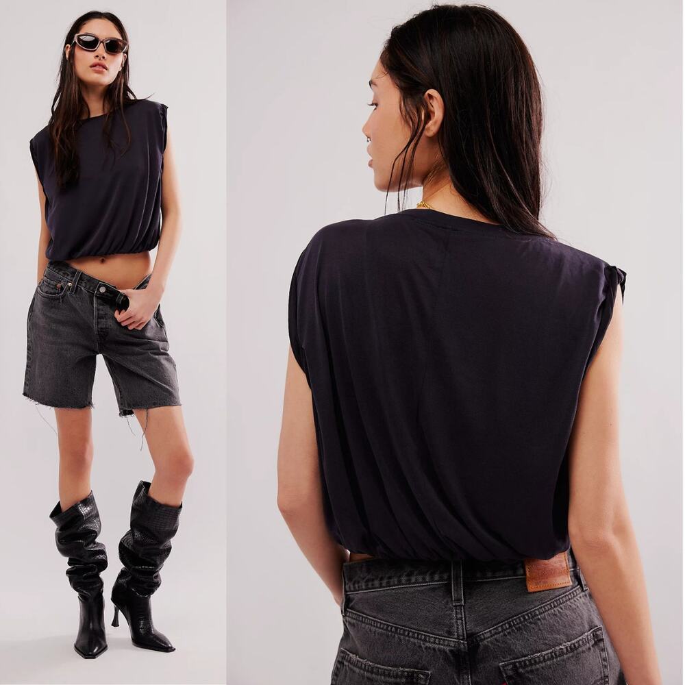 NEW Free People Alana Knit Top Black Wash XS Goth Grunge Muscle Top Minimalist